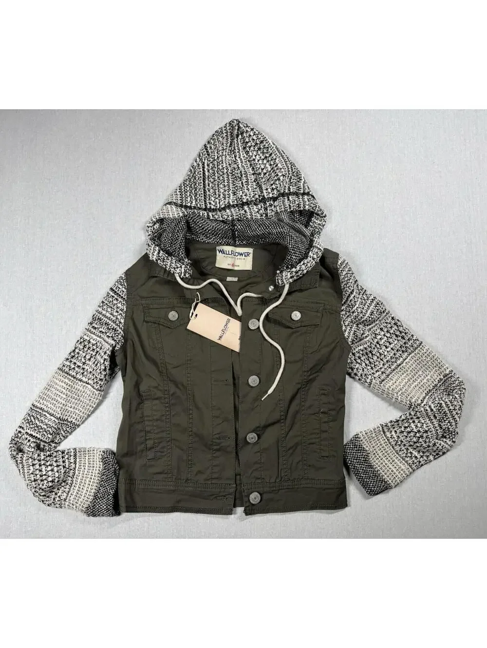 Wallflower Jacket Girls Sz XS Army Green Button Up Boho‎ Fall Hood